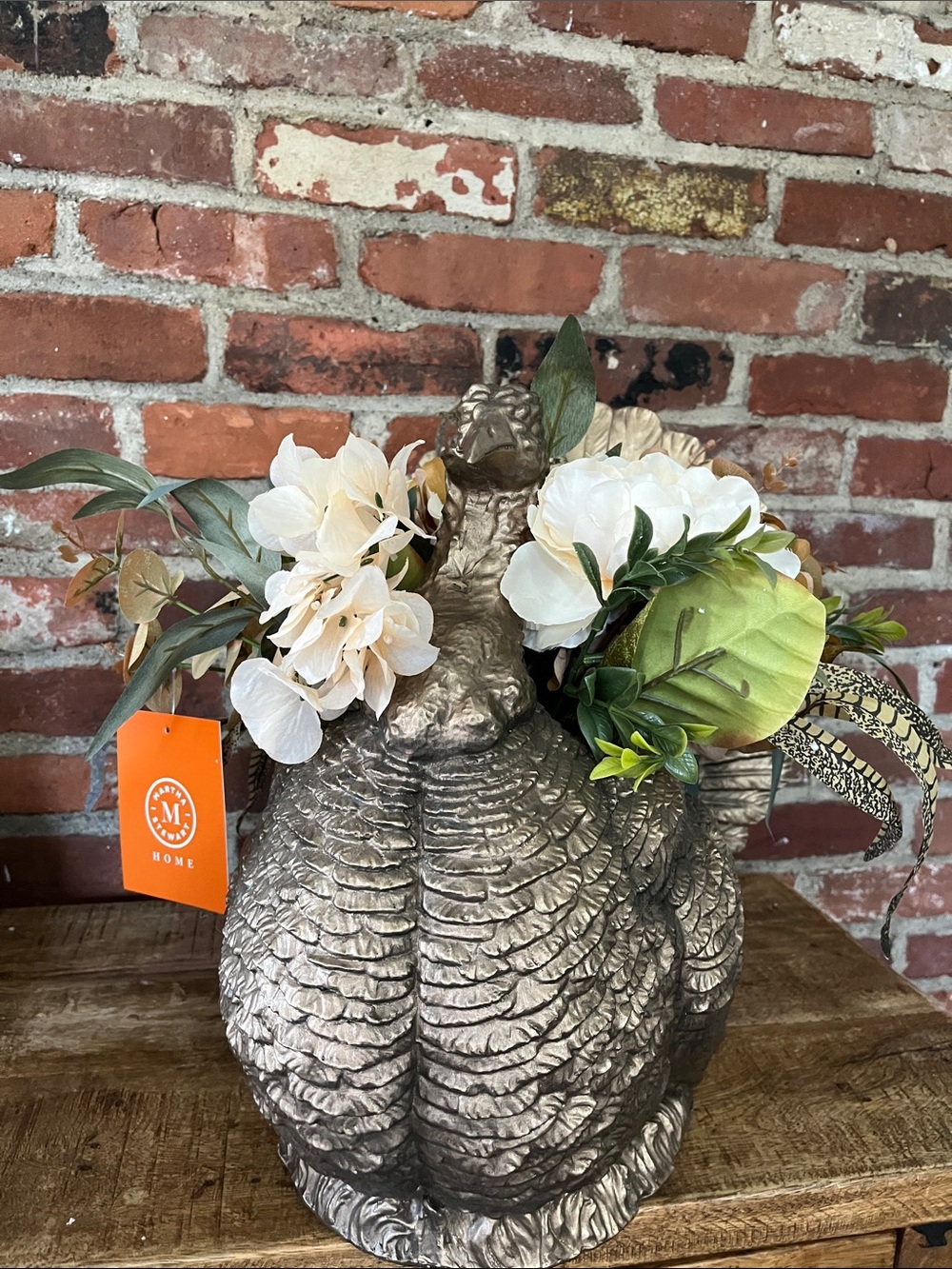Martha Stewart gold Turkey Vase with White and Green Faux Blooms
